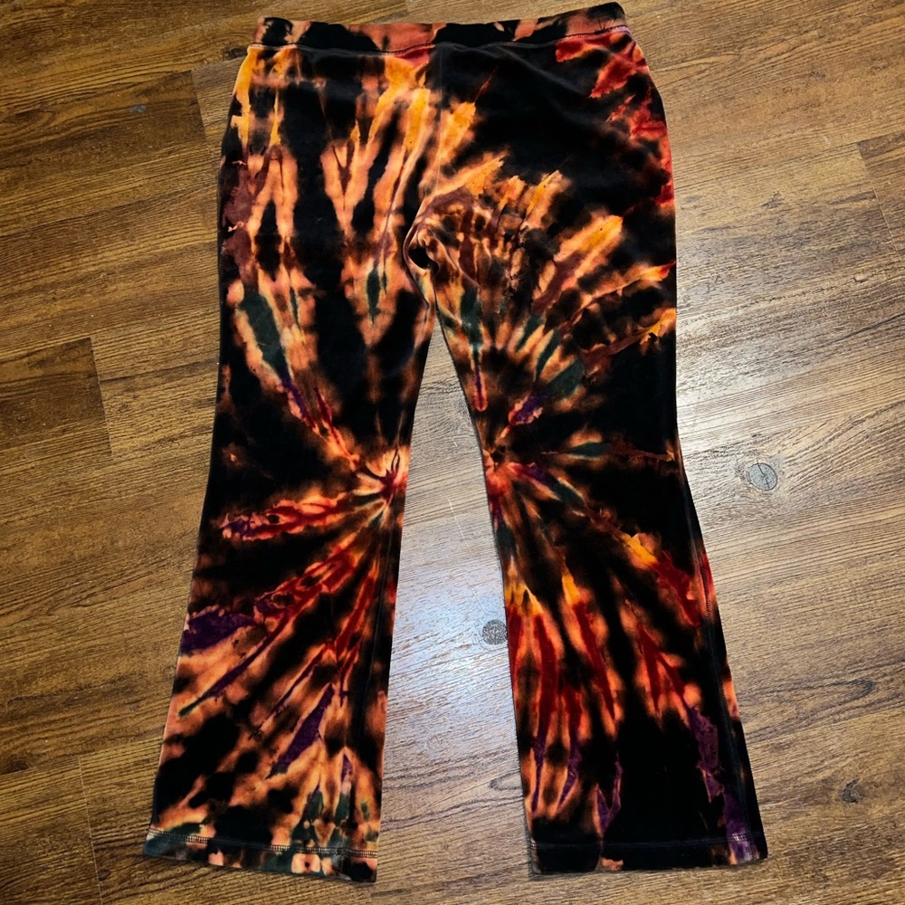 Old Navy Black Velvet with Orange Tie-Dye Flared Drawstring Lounge Pants Size L - Picture 3 of 15